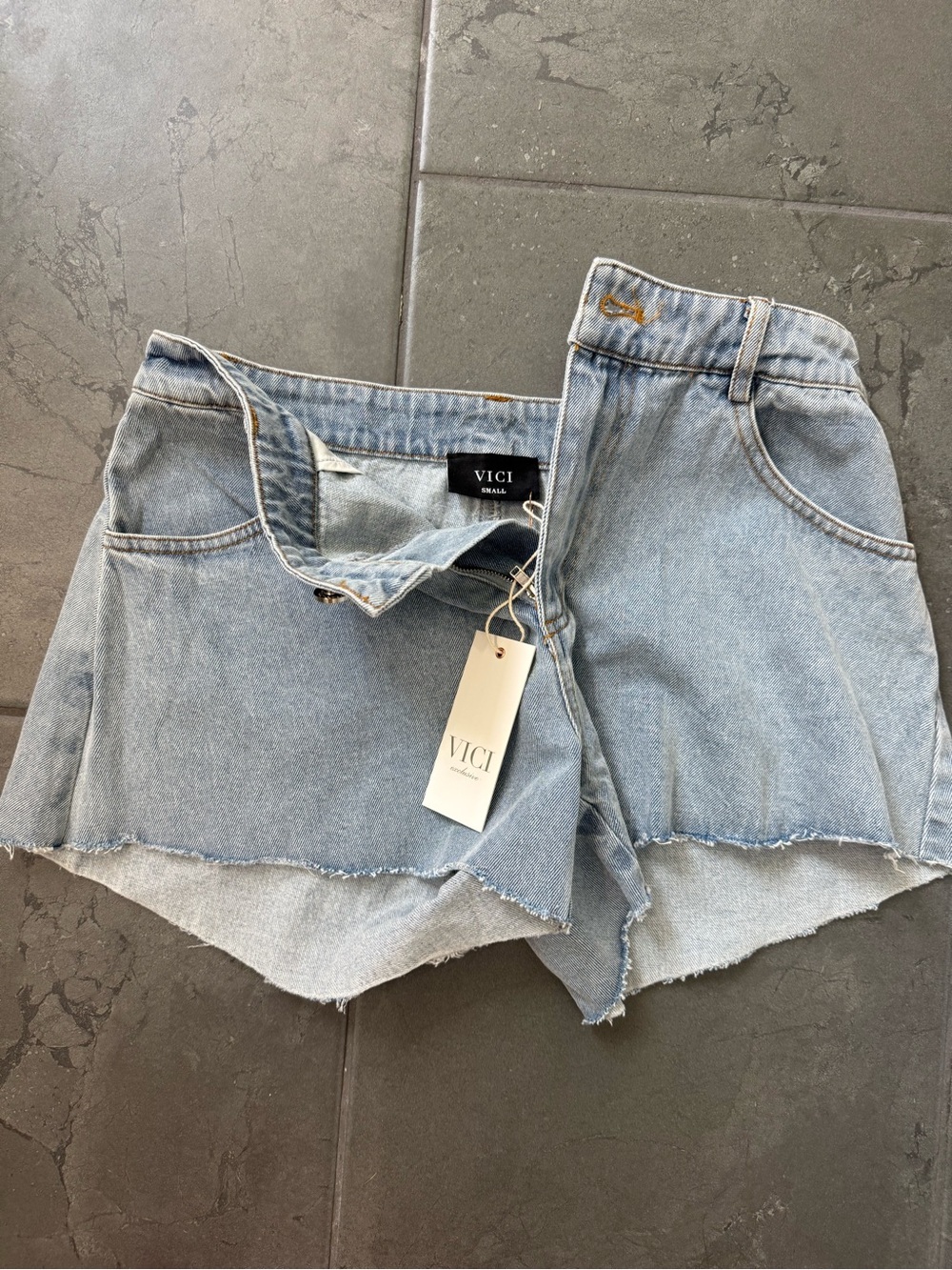 VICI Light Wash Frayed Hem Denim Shorts